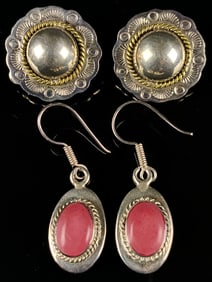 Two Pairs of Mexican Sterling Silver Earrings: Dangle Earrings with Pink Cabochons and Circular Stud