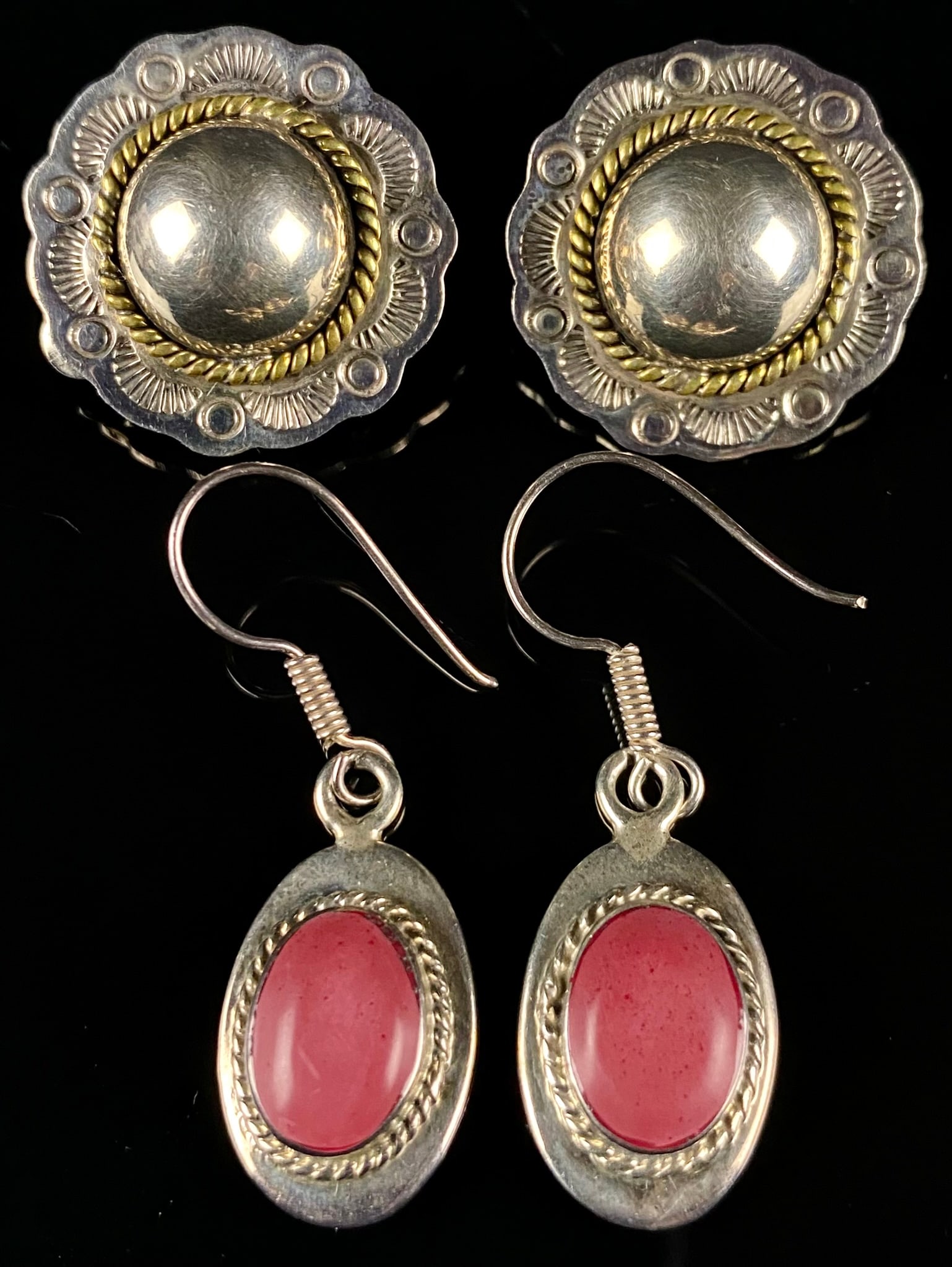 Two Pairs of Mexican Sterling Silver Earrings: Dangle Earrings with Pink Cabochons and Circular Stud (1 of 6)
