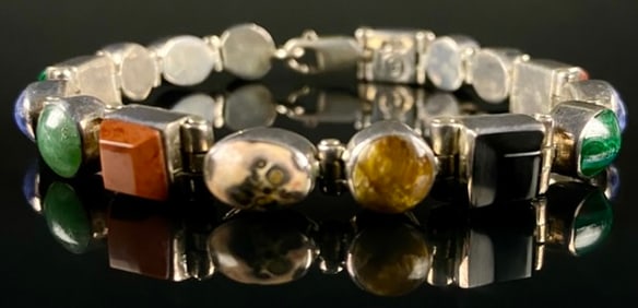 Mexican 950 Silver Multi-Gemstone Cabochon Link Bracelet