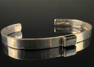 Mexican Sterling Silver Geometric Cuff Bracelet with Dark Stone