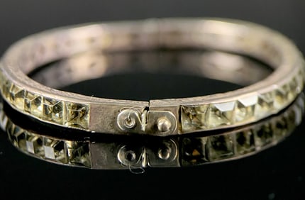 Art Deco Sterling Silver Channel Set Rhinestone Bangle Bracelet