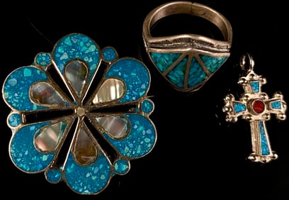 Three Mexican Sterling Silver Turquoise and Mother-of-Pearl Inlay Jewelry Pieces