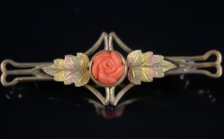 Vintage Gold-Toned Brooch with Carved Coral Rose and Black Hills Gold Style Leaves