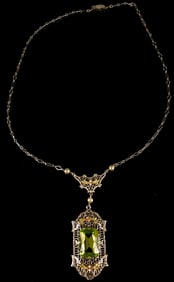 Edwardian Peridot, Diamond and Pearl Necklace Rhodium w/ 14K Gold