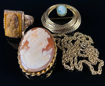 A Group of Three Vintage Cameo and Gold Jewelry, comprising a Gold Filled Carved Shell Cameo