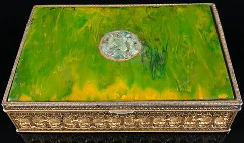 Mid-20th Century Bronze-Toned Metal and Marbled Green Resin Trinket Box with Tumbled Stones