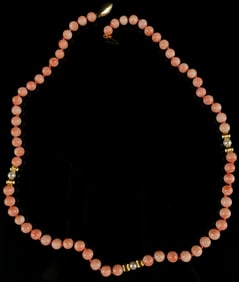 Vintage Angel Skin Coral and Pearl Bead Necklace with 14K Gold Clasp