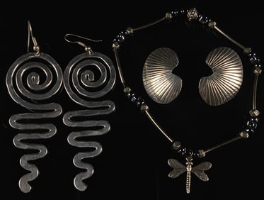 A Collection of Sterling Silver and Silver-Toned Jewelry, comprising Two Pairs of Earrings and a