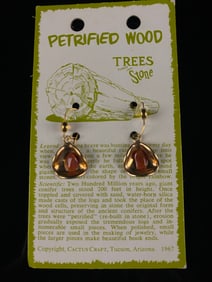 A Pair of Vintage 1967 Cactus Craft Petrified Wood Gold-Tone Dangle Earrings on Original Card