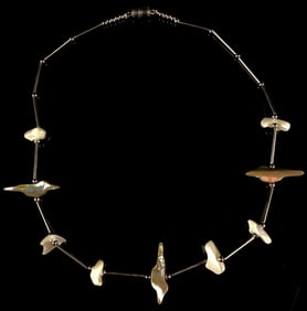 Zuni Style Sterling Silver Liquid Silver & Carved Shell Bird Fetish Necklace