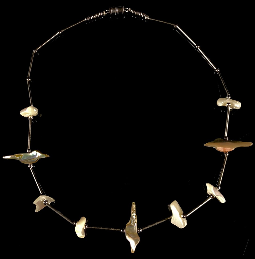 Zuni Style Sterling Silver Liquid Silver & Carved Shell Bird Fetish Necklace (1 of 8)