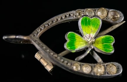 Antique 900 Silver Horseshoe Brooch with Enamel Shamrock
