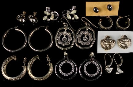 A Collection of 10 Pairs of Assorted Sterling Silver Earrings