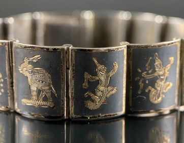 Vintage Siam Sterling Silver Niello Panel Bracelet, Mekkala & Elephant
