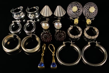 A Collection of Ten Pairs of Vintage Sterling Silver and Gold-Plated Sterling Silver Earrings