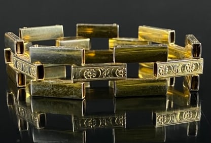 Vintage Sterling Silver Gold Plated Brick Link Style Floral Bracelet