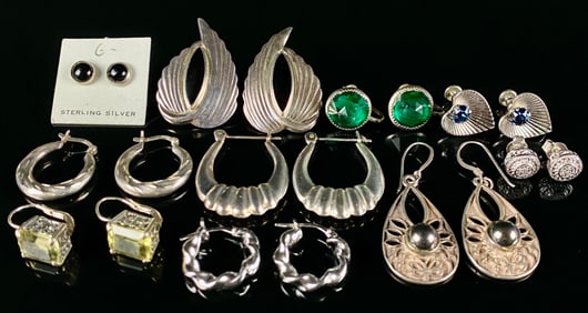 A Collection of Approximately 10 Pairs of Sterling Silver Earrings, including Mexican and Italian