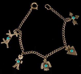 Fred Harvey era Native American Sterling Silver and Turquoise Charm Bracelet