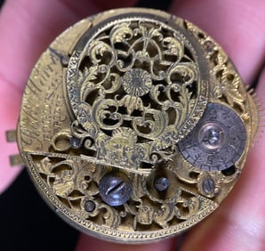 An English Gilded Brass Verge Fusee Pocket Watch Movement and Dial, Robt Harris, Fords Bridge, Late