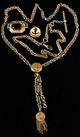 A Victorian Gold-Filled Albertina Watch Chain with Two Pendants 70 Grams