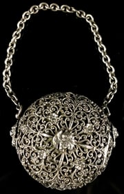 Antique Silver Filigree Pomander or Scent Ball with Chain, featuring Lion Head Motif