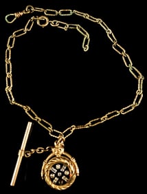 Edwardian Era Yellow Metal Albert Watch Chain with Rotating Fob Gold Filled