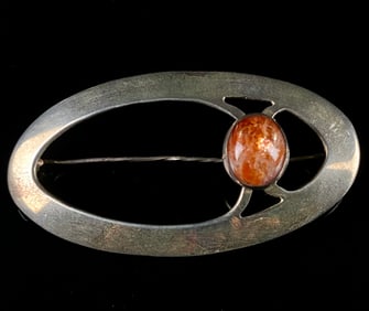 An English Arts & Crafts Sterling Silver and Sunstone Brooch by TB&S, Birmingham