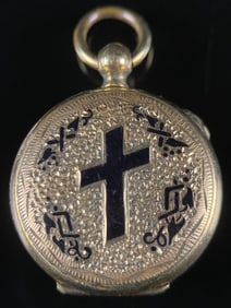 Antique Victorian 14K Gold Black Enamel Religious Locket 4.1 DWT