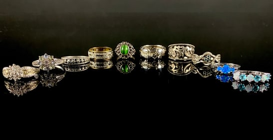 A Collection of Ten Sterling Silver and Mixed Gemstone Rings 1 Ozt
