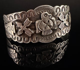 A Fred Harvey Era Navajo Sterling Silver Thunderbird Cuff Bracelet