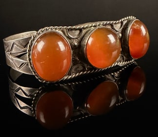 Vintage Southwestern-Style Sterling Silver and Three Carnelian Cabochon Cuff Bracelet Sterling