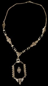 Art Deco Style Sterling Silver Filigree Black Onyx and Colorless Stone Necklace