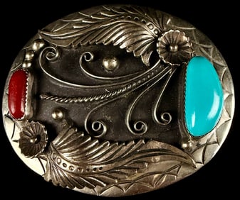 Vintage Navajo Sterling Silver Turquoise and Coral Belt Buckle