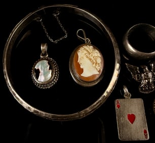 A Collection of Sterling Silver and Hand Carved Cameo Jewelry and Commemorative Items