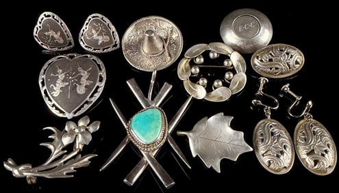 A Collection of Ten Vintage Sterling Silver Jewelry Pieces, including Thai, Mexican, and Modernist
