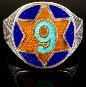Sterling Silver WWI Era Trench Art Ring with Enameled Star and Numeral '9'