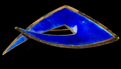 Albert Scharning Norwegian Modernist Sterling Silver Blue Guilloch?© Enamel Brooch