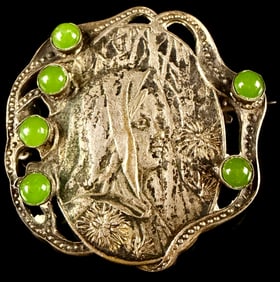 Art Nouveau Sterling Metal Brooch with Green Cabochons Art Noveau Victorian