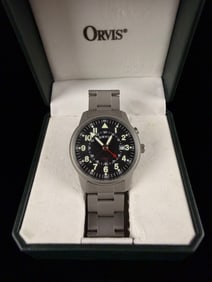 Orvis Stainless Steel Field/Pilot Style Alarm Watch with Date, Box & Papers