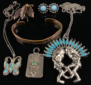 A Collection of Six Native American Style and Southwestern Jewelry Items, Including Sterling Silver,