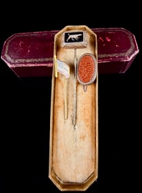 Three Antique Victorian Stick Pins: A Enameled Flag, a Hunting Dog, and a Goldstone Pin