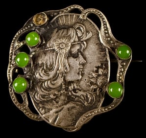 Art Nouveau Silver-Toned Metal Woman's Profile Cameo Brooch with Green Cabochons