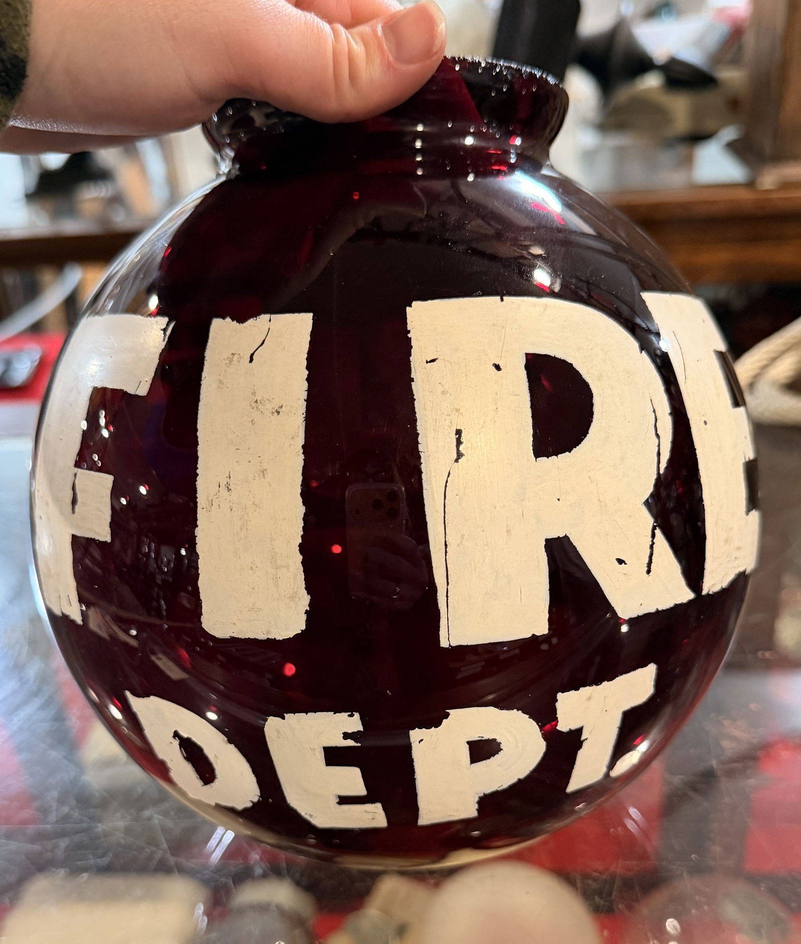 Vintage Ruby Glass 'FIRE DEPT' Fire Light Lens - 2