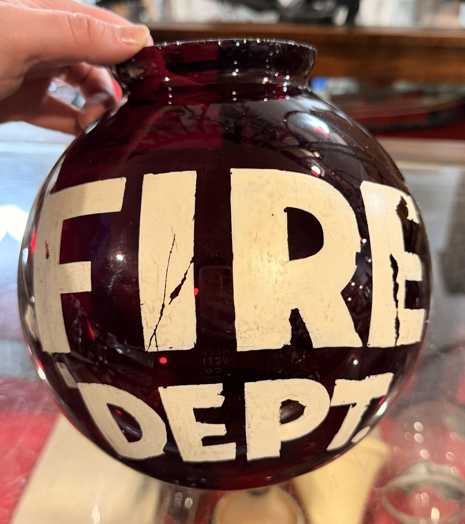 Vintage Ruby Glass 'FIRE DEPT' Fire Light Lens - 6
