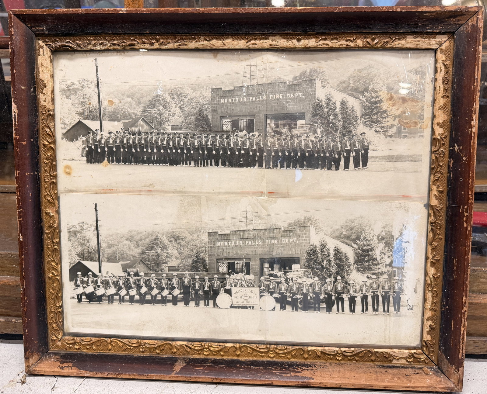Vintage Montour Falls Fire Department and Drum Bugle Corps Photographs in Ornate Frame (1 of 11)