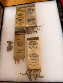 Four Late 19th-Century Bath Fire Department Semi-Centennial Commemorative Ribbons and Pin, 1887