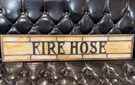 Victorian Era Stained Glass 'FIRE HOSE' Hose Cabinet Transom Panel