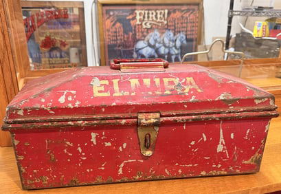 Vintage Red Painted Steel Utility Box, Stenciled 'ELMIRA' and 'ENG. 2'