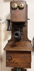 An Early 20th Century Utica Fire Alarm Telephone Company Oak Wall-Mounted Crank Telephone