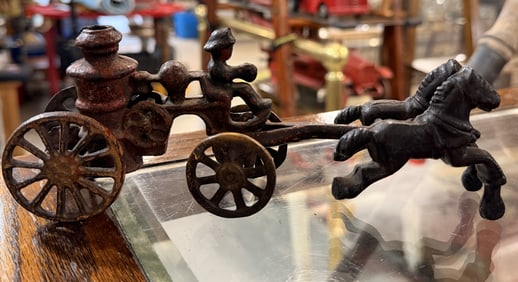 Vintage Cast Iron Two-Horse Drawn Fire Pumper Toy